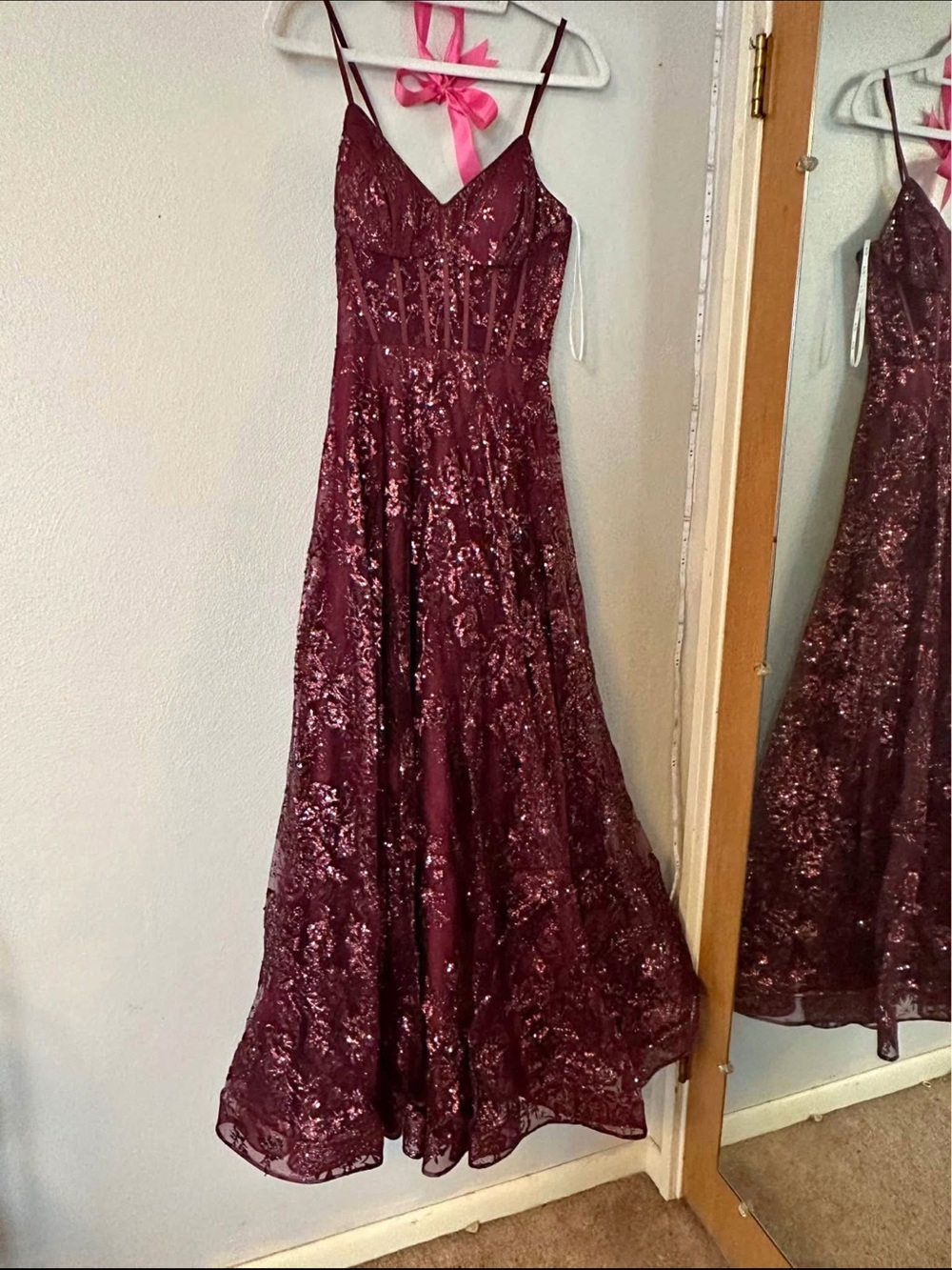 Camille La Vie Burgundy Sequin A‑Line Prom Dress